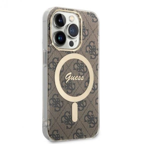 Husă Zestaw Guess GUBPP14LH4EACSW+ Încărcător iPhone 14 Pro 6,1" husă dur maro/brązowy 4G Print MagSafe