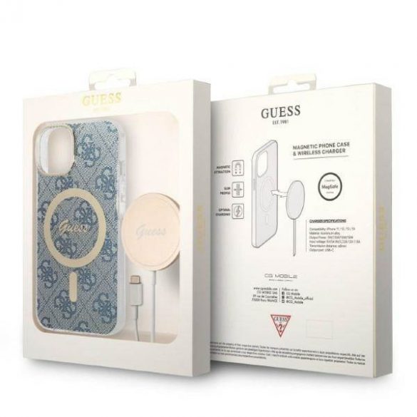 Zestaw Guess GUBPP14SH4EACSB Husă+ Încărcător iPhone 14 / 15 / 13 6,1" niebieski/albastru Husă rigidă 4G Print MagSafe