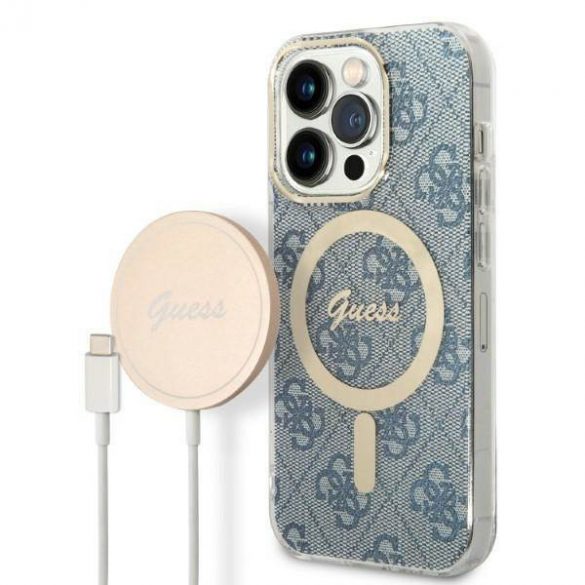 Husă Zestaw Guess GUBPP14LH4EACSB+ Încărcător iPhone 14 Pro 6,1" husă rigidă niebieski/albastru 4G Print MagSafe