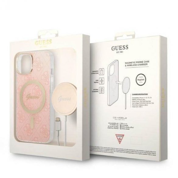 Zestaw Guess GUBPP14SH4EACSP Husă+ Încărcător iPhone 14 / 15 / 13 6,1" rożowy/roz carcasă rigidă 4G Print MagSafe