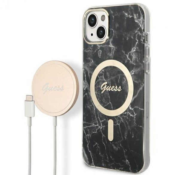 Husă Zestaw Guess GUBPP14SHMEACSK+ Încărcător iPhone 14 / 15 / 13 6,1" husă rigidă czarny/neagră Marble MagSafe