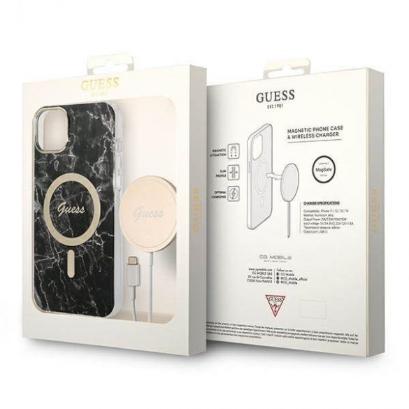 Husă Zestaw Guess GUBPP14SHMEACSK+ Încărcător iPhone 14 / 15 / 13 6,1" husă rigidă czarny/neagră Marble MagSafe