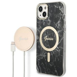 Husă Zestaw Guess GUBPP14MHMEACSK+ Încărcător iPhone 14 Plus / 15 Plus 6,7" husă rigidă czarny/neagră Marble MagSafe