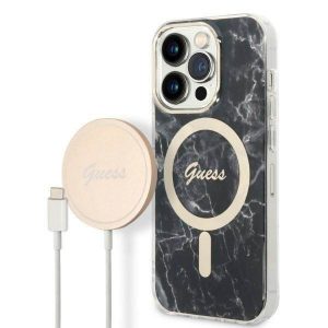 Husă Zestaw Guess GUBPP14LHMEACSK+ Încărcător pentru iPhone 14 Pro 6,1" husă rigidă neagră/czarny Husă Marble MagSafe