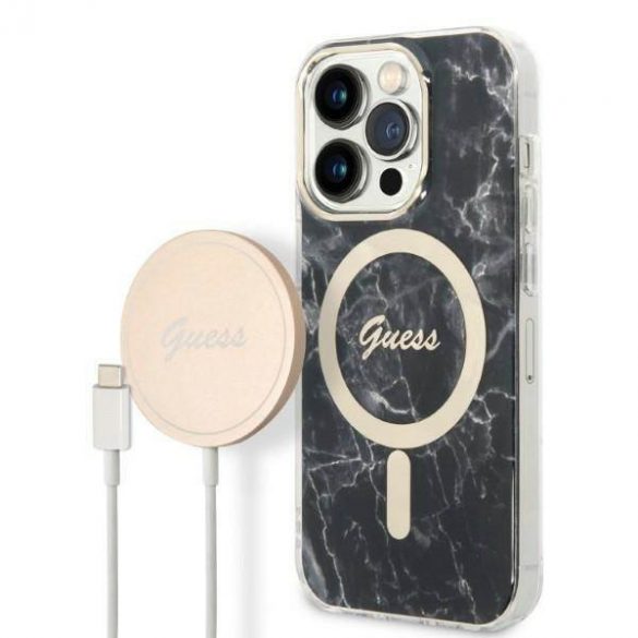 Husă Zestaw Guess GUBPP14XHMEACSK+ Încărcător iPhone 14 Pro Max 6,7" husă rigidă/neagră Husă Marble MagSafe