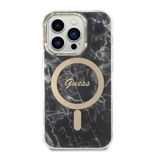 Husă Zestaw Guess GUBPP14XHMEACSK+ Încărcător iPhone 14 Pro Max 6,7" husă rigidă/neagră Husă Marble MagSafe