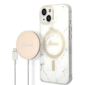 Zestaw Guess GUBPP14MHMEACSH Husă+ Încărcător iPhone 14 Plus / 15 Plus Husă rigidă biały/albă de 6,7" Marble MagSafe