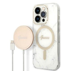 Zestaw Guess GUBPP14LHMEACSH Husă+ Încărcător iPhone 14 Pro 6,1" biały/alb Husă rigidă Marble MagSafe