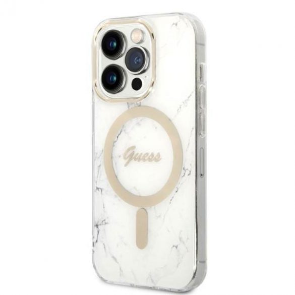 Zestaw Guess GUBPP14LHMEACSH Husă+ Încărcător iPhone 14 Pro 6,1" biały/alb Husă rigidă Marble MagSafe