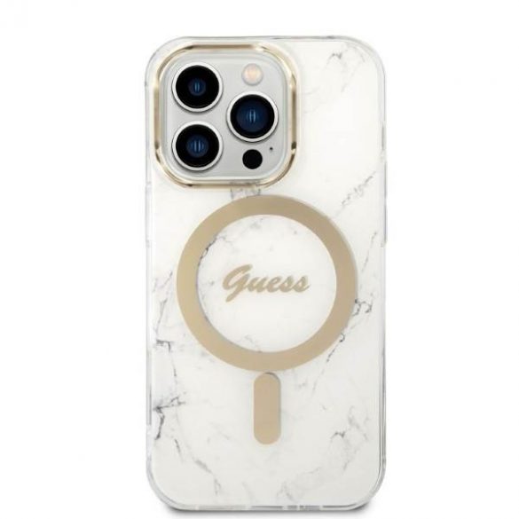 Zestaw Guess GUBPP14LHMEACSH Husă+ Încărcător iPhone 14 Pro 6,1" biały/alb Husă rigidă Marble MagSafe