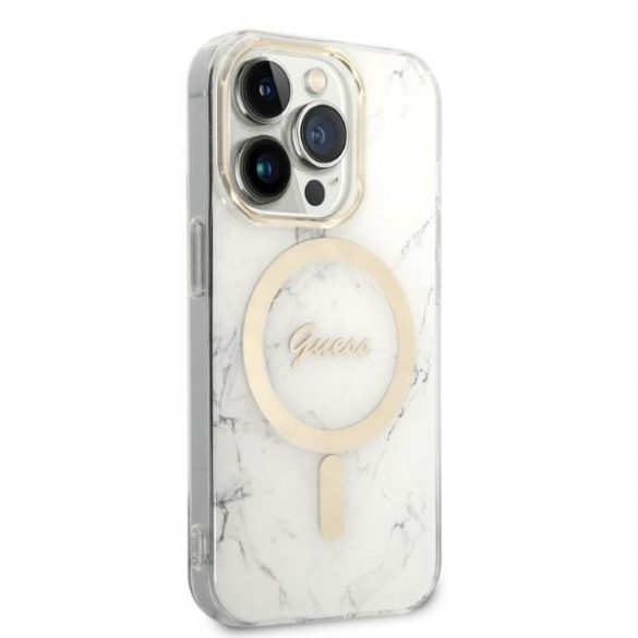 Zestaw Guess GUBPP14LHMEACSH Husă+ Încărcător iPhone 14 Pro 6,1" biały/alb Husă rigidă Marble MagSafe