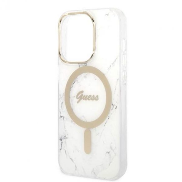 Zestaw Guess GUBPP14LHMEACSH Husă+ Încărcător iPhone 14 Pro 6,1" biały/alb Husă rigidă Marble MagSafe