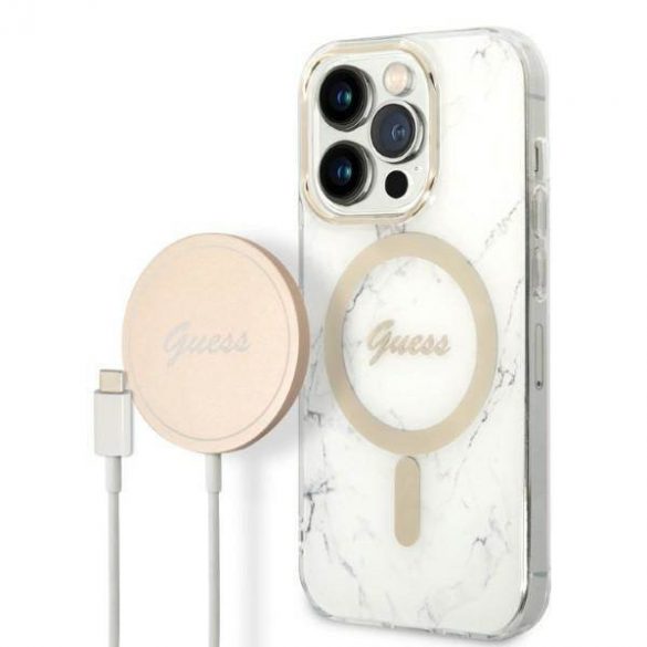 Husă Zestaw Guess GUBPP14XHMEACSH+ Încărcător iPhone 14 Pro Max 6,7" biały/alb Husă rigidă Marble MagSafe