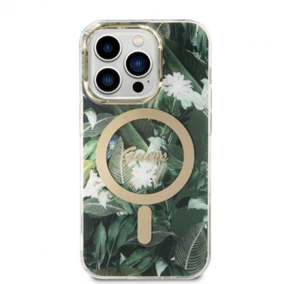 Husă Zestaw Guess GUBPP14LHJEACSA+ încărcător iPhone 14 Pro 6,1" zielony/verde Husă rigidă Jungle MagSafe