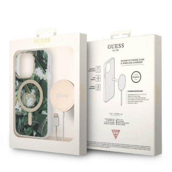 Husă Zestaw Guess GUBPP14LHJEACSA+ încărcător iPhone 14 Pro 6,1" zielony/verde Husă rigidă Jungle MagSafe