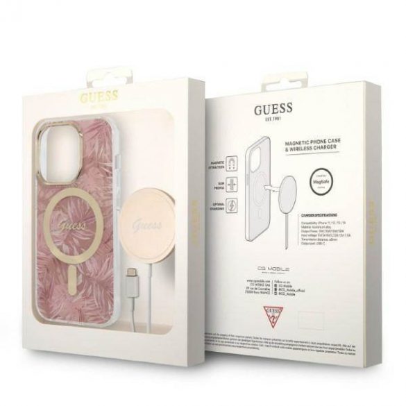 Zestaw Guess GUBPP14LHJEACSP Husă+ Încărcător iPhone 14 Pro 6,1" husă rigidă rożowy/roz Husă Jungle MagSafe