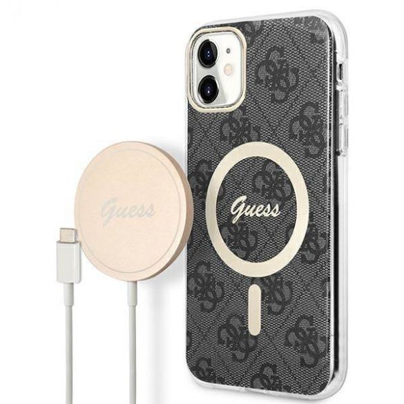 Husă Zestaw Guess GUBPN61H4EACSK+Încărcător pentru iPhone 11 6,1" carcasă rigidă, neagră, 4G Print MagSafe