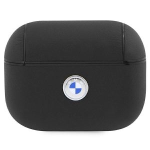 Husa BMW BMAP2SSLBK AirPods Pro 2, negru/negru, piele naturală Logo argintiu