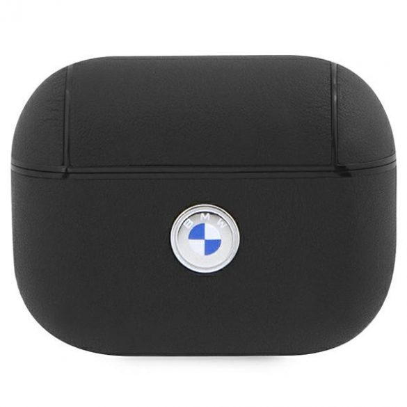 Husa BMW BMAP2SSLBK AirPods Pro 2, negru/negru, piele naturală Logo argintiu