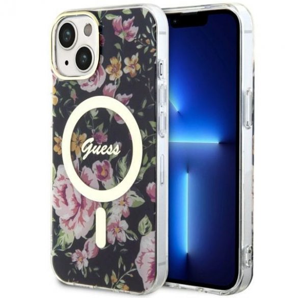 Guess GUHMP14MHCFWSK Husă rigidă pentru iPhone 14 Plus / 15 Plus de 6,7 inchi, neagră/czarny Flower MagSafe