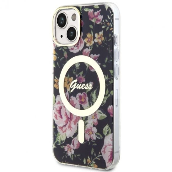 Guess GUHMP14MHCFWSK Husă rigidă pentru iPhone 14 Plus / 15 Plus de 6,7 inchi, neagră/czarny Flower MagSafe