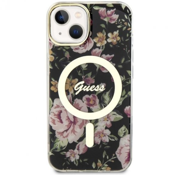 Guess GUHMP14MHCFWSK Husă rigidă pentru iPhone 14 Plus / 15 Plus de 6,7 inchi, neagră/czarny Flower MagSafe