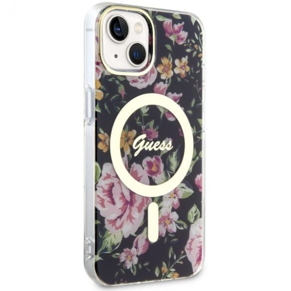 Guess GUHMP14MHCFWSK Husă rigidă pentru iPhone 14 Plus / 15 Plus de 6,7 inchi, neagră/czarny Flower MagSafe