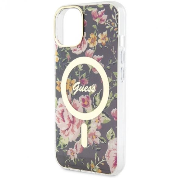 Guess GUHMP14MHCFWSK Husă rigidă pentru iPhone 14 Plus / 15 Plus de 6,7 inchi, neagră/czarny Flower MagSafe