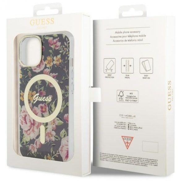 Guess GUHMP14MHCFWSK Husă rigidă pentru iPhone 14 Plus / 15 Plus de 6,7 inchi, neagră/czarny Flower MagSafe