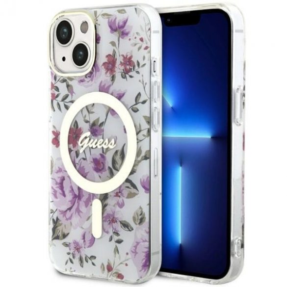 Guess GUHMP14MHCFWST Husă rigidă transparentă pentru iPhone 14 Plus / 15 Plus de 6,7 inchi Flower MagSafe