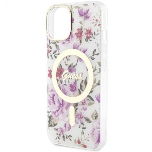 Guess GUHMP14MHCFWST Husă rigidă transparentă pentru iPhone 14 Plus / 15 Plus de 6,7 inchi Flower MagSafe