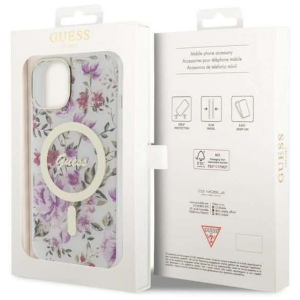 Guess GUHMP14MHCFWST Husă rigidă transparentă pentru iPhone 14 Plus / 15 Plus de 6,7 inchi Flower MagSafe