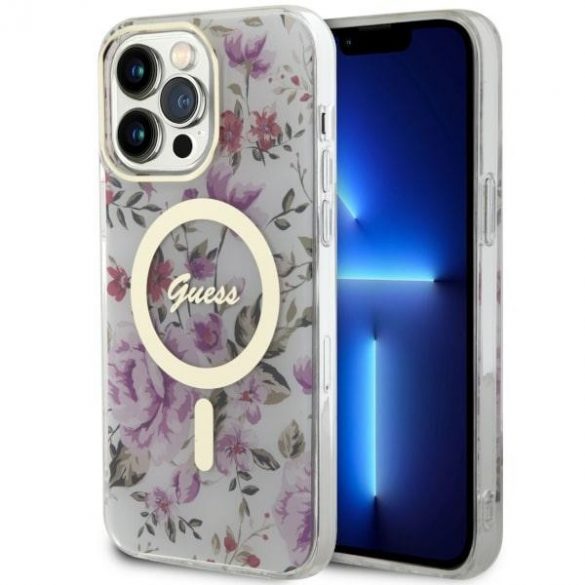 Guess GUHMP14LHCFWST Husă rigidă transparentă pentru iPhone 14 Pro 6.1 Flower MagSafe"