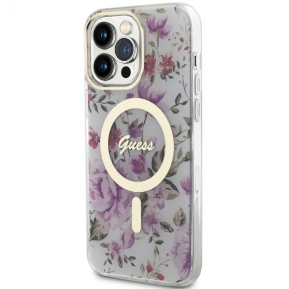 Guess GUHMP14LHCFWST Husă rigidă transparentă pentru iPhone 14 Pro 6.1 Flower MagSafe"