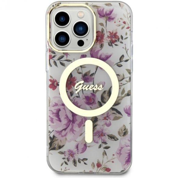 Guess GUHMP14LHCFWST Husă rigidă transparentă pentru iPhone 14 Pro 6.1 Flower MagSafe"