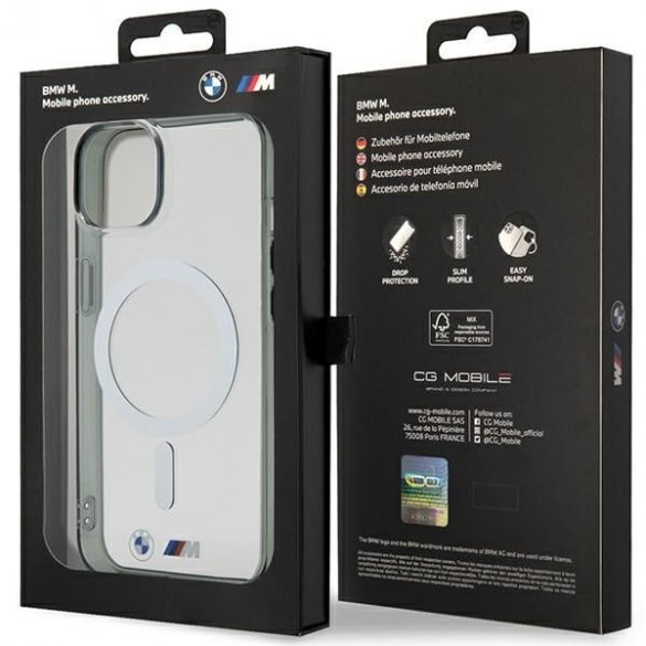 Etui BMW BMHMP14MHCRS iPhone 14 Plus / 15 Plus Husă rigidă transparentă de 6,7" Silver Ring MagSafe