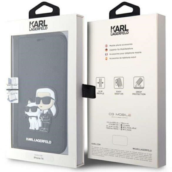 Karl Lagerfeld KLBKP14SSANKCPK iPhone 14 / 15 / 13 6.1" bibliotecă czarny/negru Saffiano Karl & Choupette