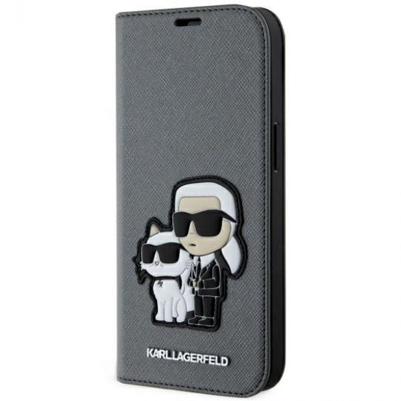 Karl Lagerfeld KLBKP14SSANKCPG iPhone 14 / 15 / 13 6.1" bibliotecă srebrny/argintiu Saffiano Karl & Choupette