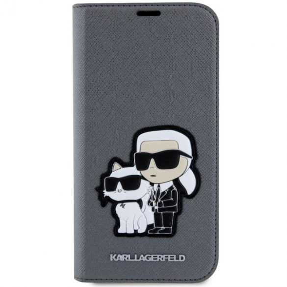 Karl Lagerfeld KLBKP14SSANKCPG iPhone 14 / 15 / 13 6.1" bibliotecă srebrny/argintiu Saffiano Karl & Choupette