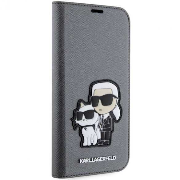 Karl Lagerfeld KLBKP14SSANKCPG iPhone 14 / 15 / 13 6.1" bibliotecă srebrny/argintiu Saffiano Karl & Choupette