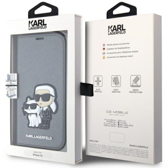 Karl Lagerfeld KLBKP14SSANKCPG iPhone 14 / 15 / 13 6.1" bibliotecă srebrny/argintiu Saffiano Karl & Choupette