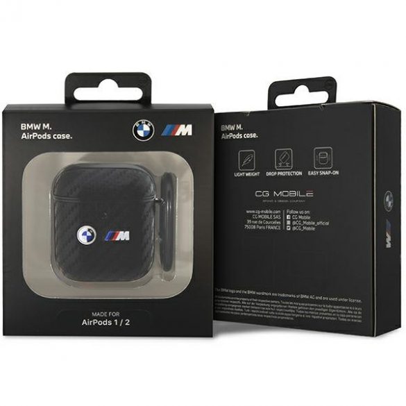 Husa pentru AirPods 1/2 BMW BMA2WMPUCA2, negru, carbon, dublu metal, logo