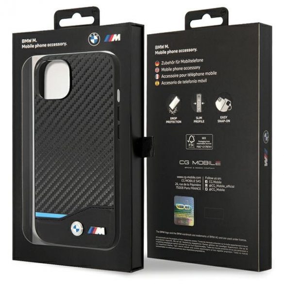 Husă BMW BMHCP13M22NBCK iPhone 13 / 14 / 15 6.1" negru / negru piele carbon