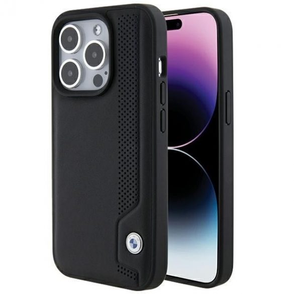 BMW BMHCP15L22RBDK Husă rigidă pentru iPhone 15 Pro 6.1, negru, piele, puncte albastre"