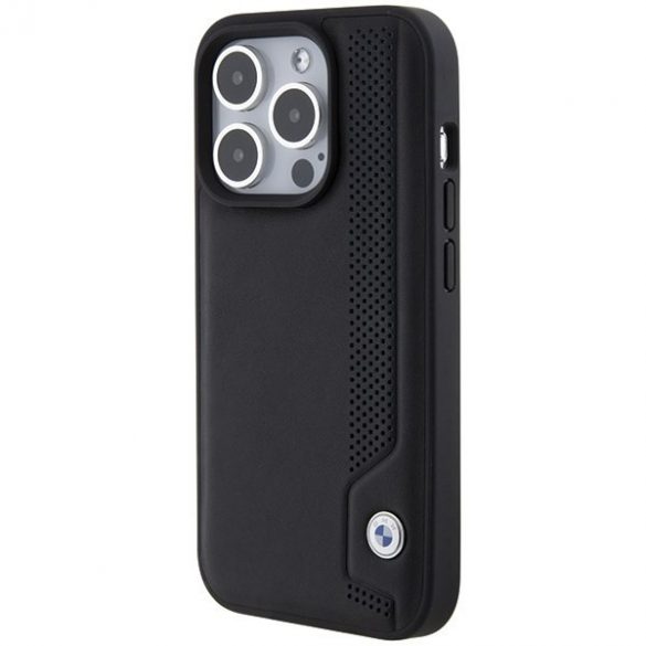 BMW BMHCP15L22RBDK Husă rigidă pentru iPhone 15 Pro 6.1, negru, piele, puncte albastre"