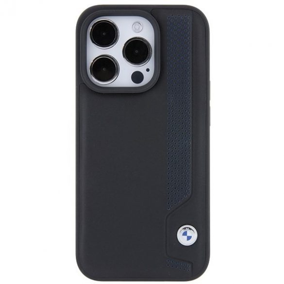 BMW BMHCP15L22RBDK Husă rigidă pentru iPhone 15 Pro 6.1, negru, piele, puncte albastre"