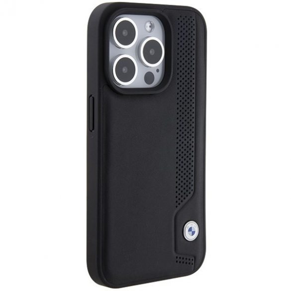 BMW BMHCP15L22RBDK Husă rigidă pentru iPhone 15 Pro 6.1, negru, piele, puncte albastre"