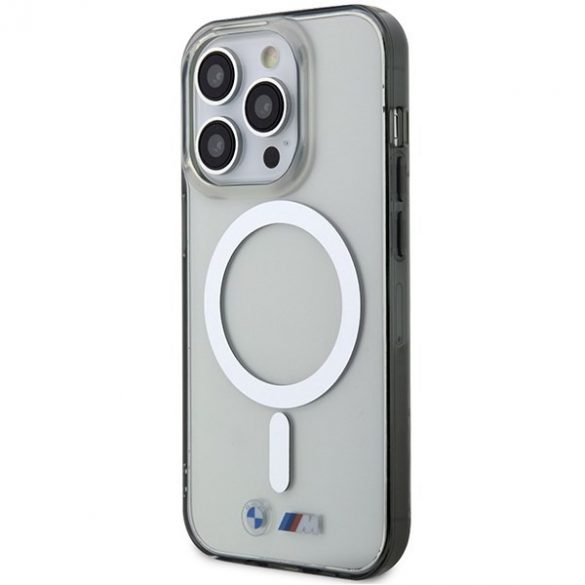 BMW BMHMP15LHCRS Carcasă rigidă transparentă pentru iPhone 15 Pro de 6,1 inchi Silver Ring MagSafe