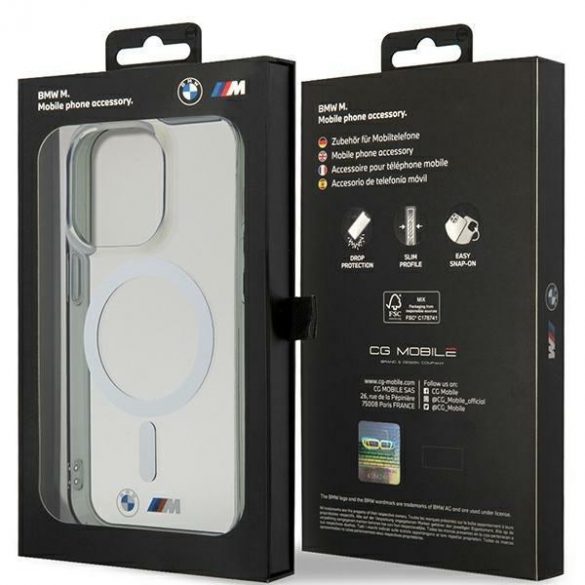 BMW BMHMP15LHCRS Carcasă rigidă transparentă pentru iPhone 15 Pro de 6,1 inchi Silver Ring MagSafe