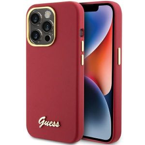 Guess GUHCP15LSMBSLM Husă rigidă pentru iPhone 15 Pro 6.1, magenta, silicon Script, emblemă și cadru metalic”